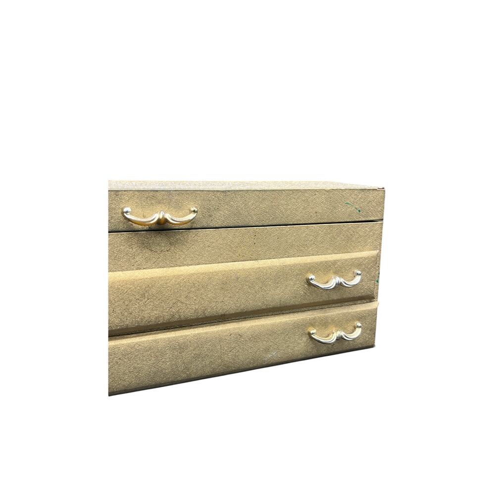 ✨ Vintage Gold Brocade Jewelry Box Mirror 3 Drawer Ring Organizer Vanity Storage - Picture 4 of 16